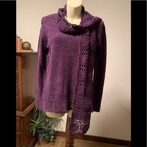 White Stag Small Purple Long sleeve, scolloped V-neck Sweater, detachable Scarf.